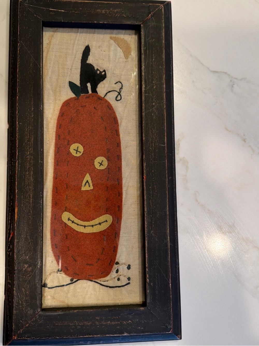 Framed Primitive Halloween Felt Folk Art Wall Decor Pumpkin & Cat 13 x 6.5